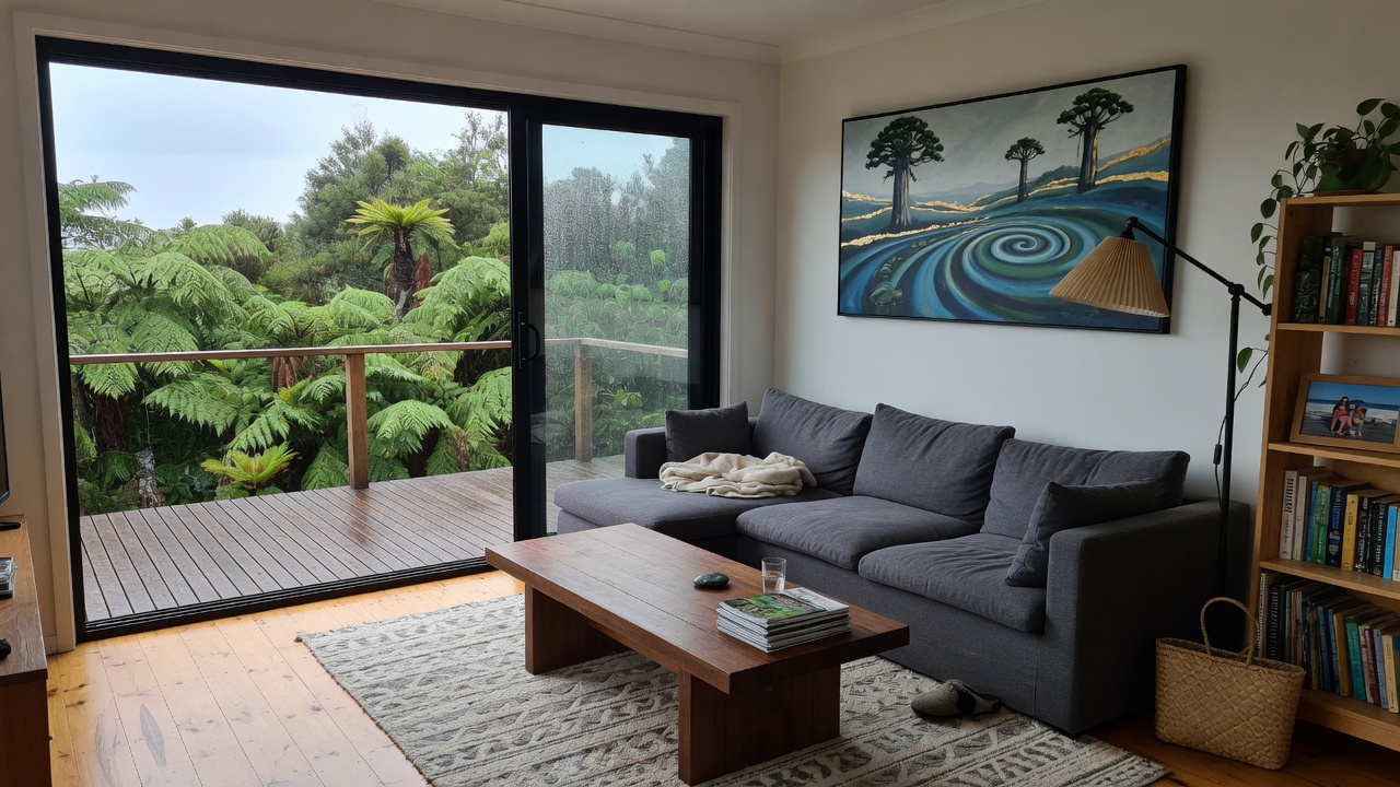 Finished living room and deck by Galloway Builders in the Eastern Bay of Plenty